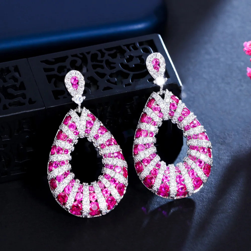 Heavy Stone Work Micro Pave Fuchsia Red Cubic Zirconia Dangle Drop Party Wedding Earrings for Women Festive Jewelry