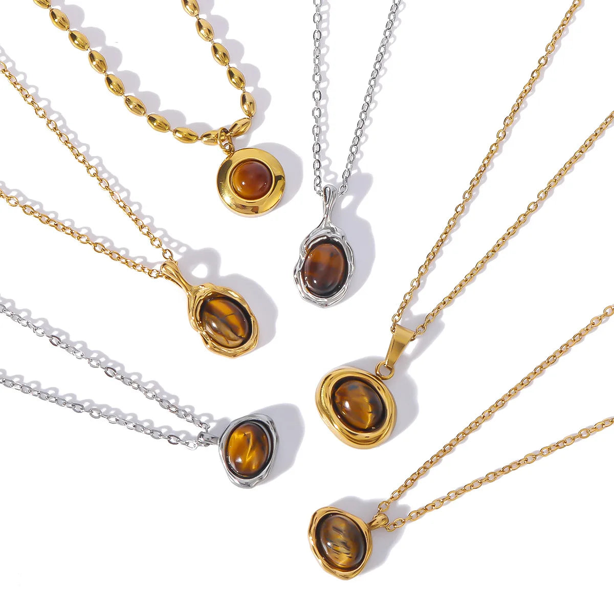 Fashion Necklace Tiger's Eye Cat's Eye Stone Necklace 18K Gold Plated Stainless Steel Tiger's Eye Cat's Eye Stone Necklace