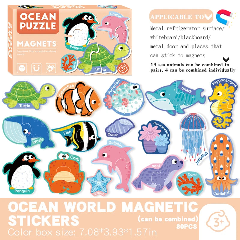 Custom 30PCS Cute Sea Animals Refrigerator Magnets Baby Kids Educational Toy Magnetic Stickers for Fridge