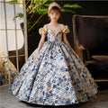 Blue Jacquard Puffed Sleeves Children Birthday Dress Party Evening Wedding Princess Flower Girls Dresses