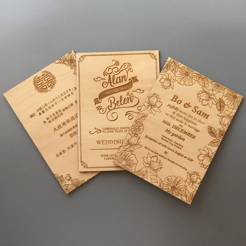 Customizable Shape Engraved Text Wedding Wooden Invitation