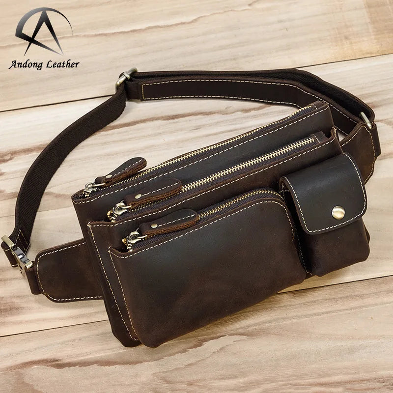 Men Genuine Cowhide Waist Bag Retro Crazy Horse Leather Chest Waist Bags Multifunctional Casual Messenger Shoulder Bag