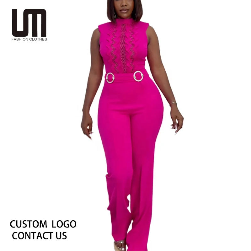 Liu Ming Wholesale 2024 Fashion Women Two Piece Casual Suits Sleeveless Lace Bodysuits High Waist Straight Trousers Set