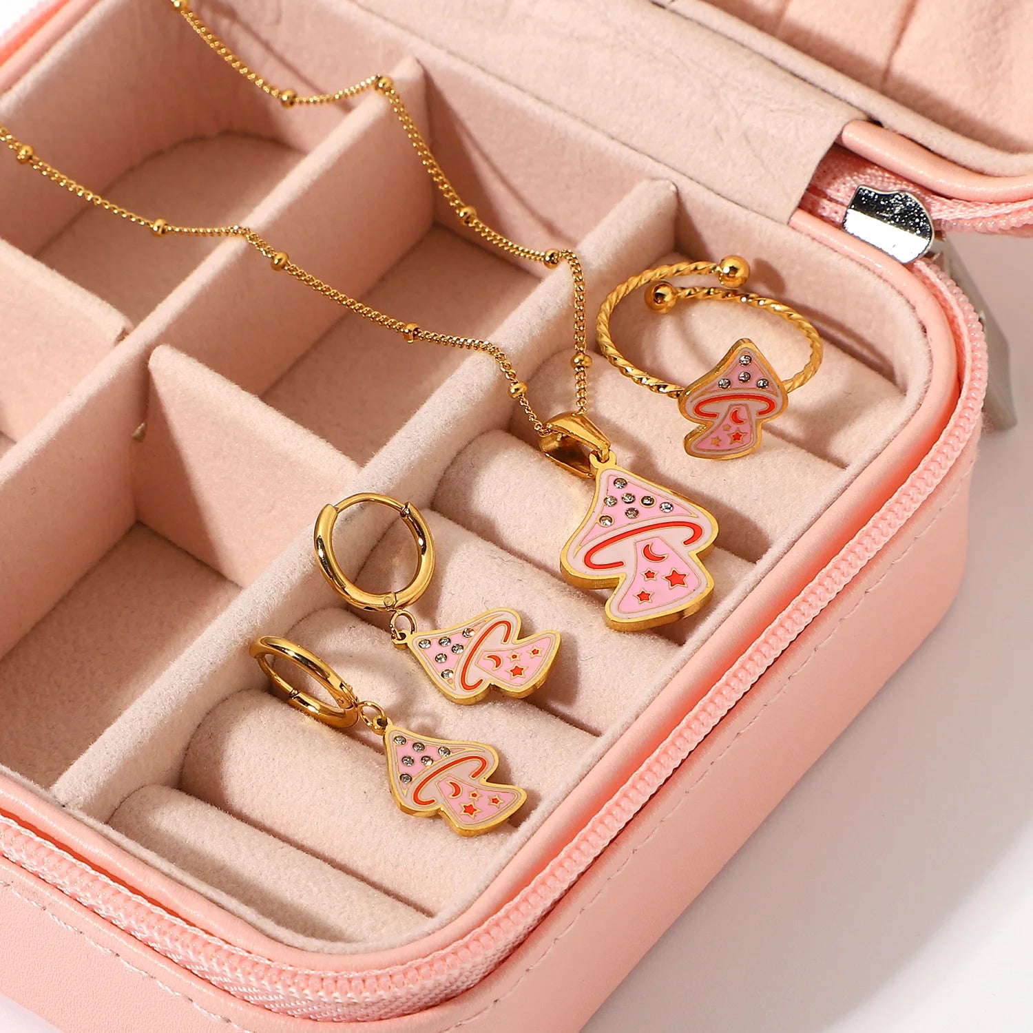 Chic Jewelry Sets 18k Gold Plated Stainless Steel Enamel Pendant Mushroom Necklace and Earrings Set