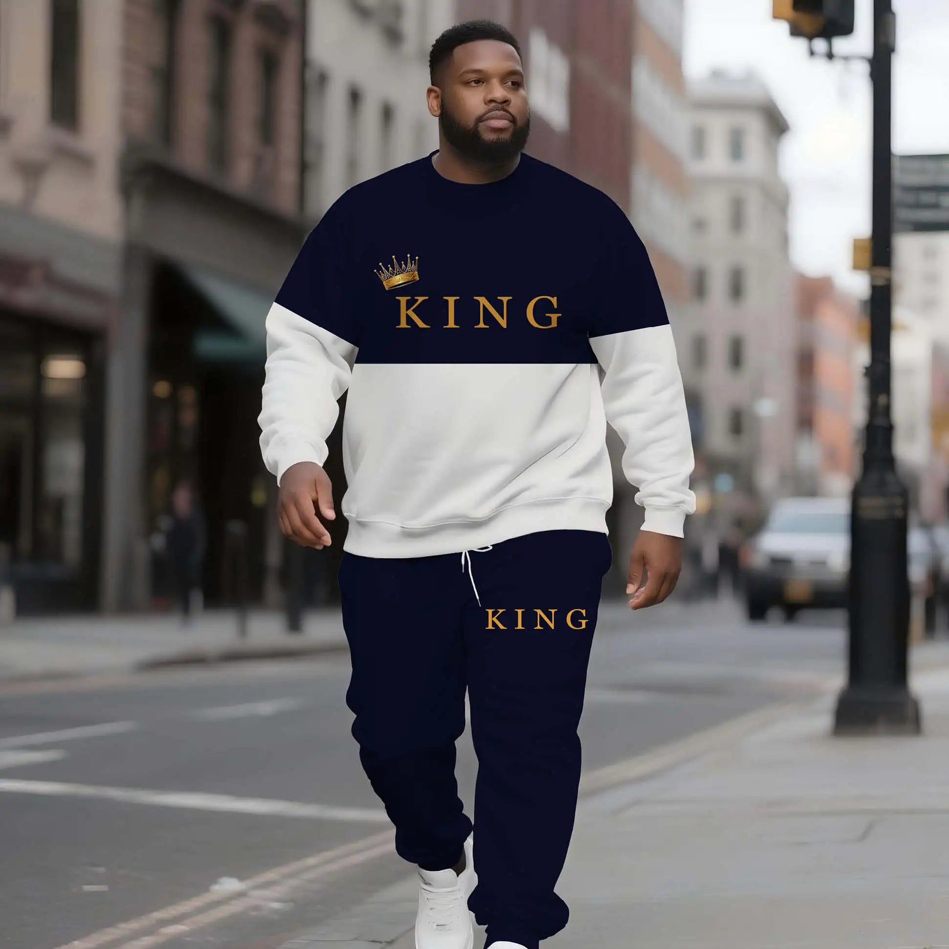 KING Letter Crown Men's Crew Neck Sweatshirt Set Plus Size Smart Casual Print Blue White Color Block Plus Size Clothing Winter