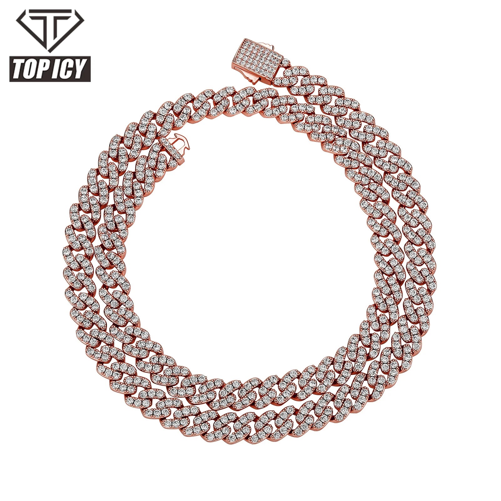 5A Zircon Brass Iced Out 9mm Cuban Link Chain Hip Hop White Gold Rose Gold Premium Quality Spring Clasp Cuban Chain Necklace