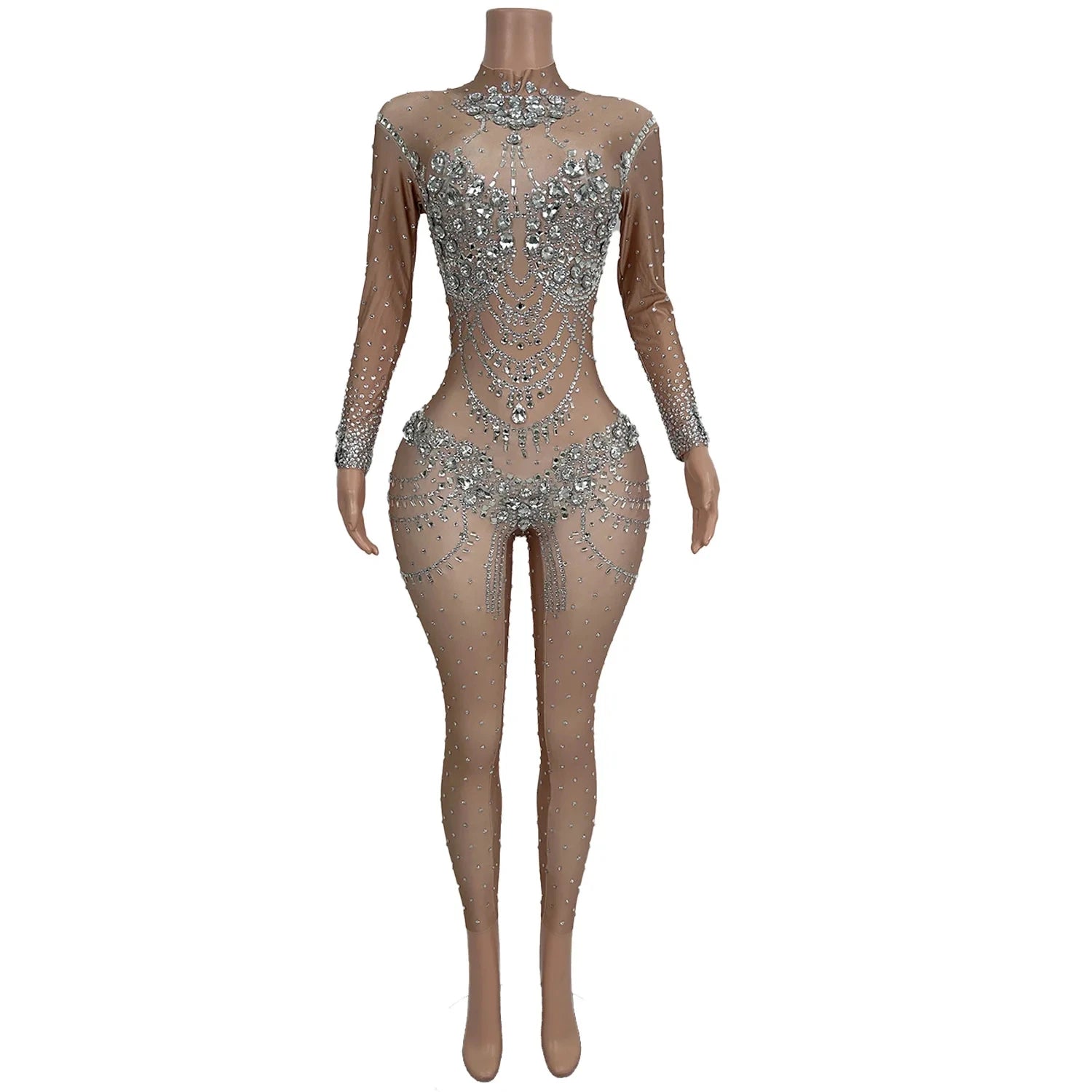 Sihaiyile Sexy Long Sleeves Bodycon Rhinestone Jumpsuit Spandex One Piece Bodysuits Drag Queen Festival Outfit Party Rompers