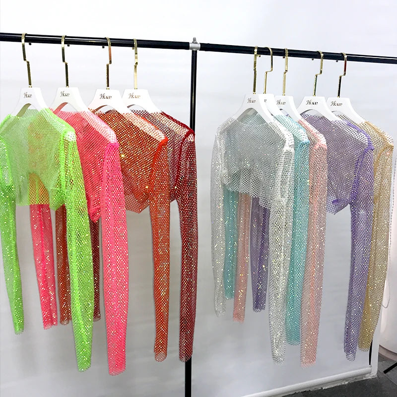 Women's Full Crystals Tank Tops Diamonds See Though Beach Cover up Rhinestone Embellishments Long Sleeves Elastic Mesh Crop Top