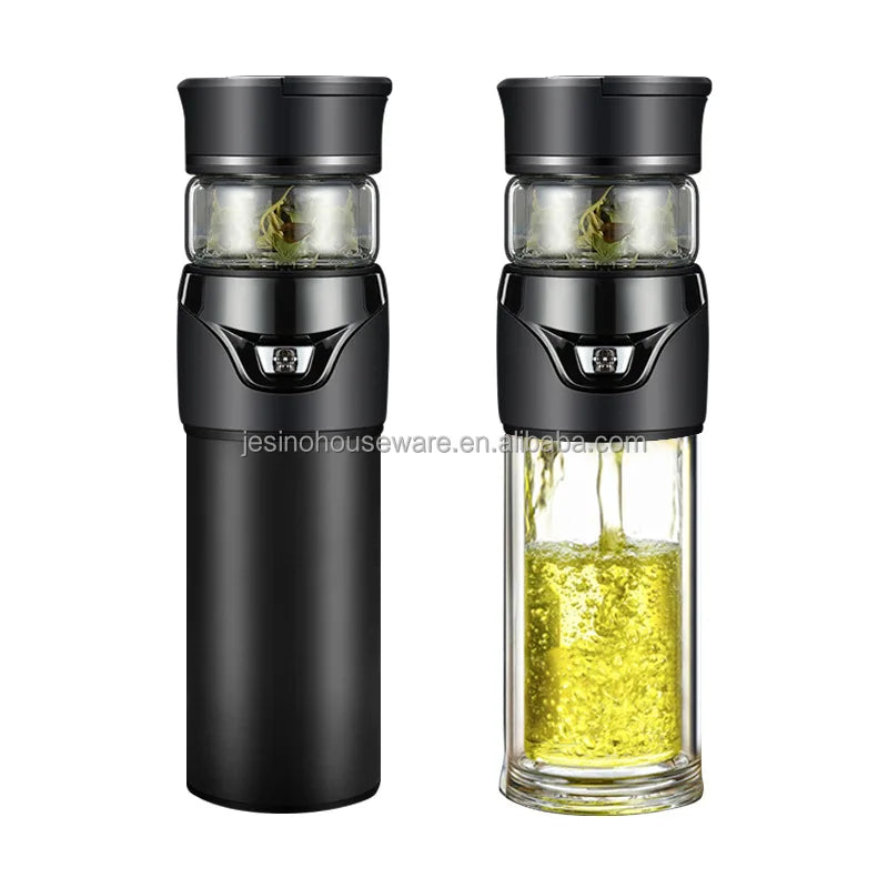 Tea and Water Separation Double Wall Glass with Stainless Steel Tea Infuser Filter Business and Sport Type  Bottle