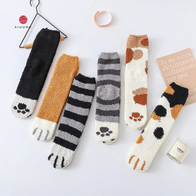 Cute Cat Winter Warm Fuzzy Breathable Anti-Slip Crew Socks for Women & Girl Customizable Design Knitted