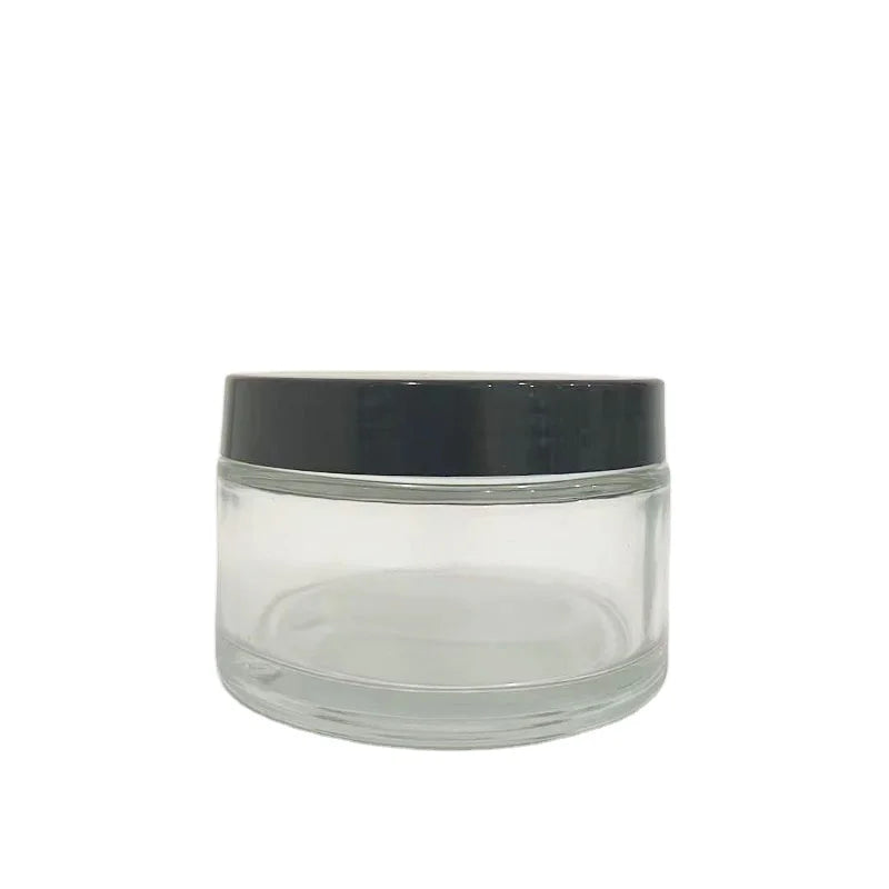 Customize Empty 200g 89mm clear Frosted Glass Bottle Jar with Lid Transparent Frosted Cream Jar with Black Plastic Lid
