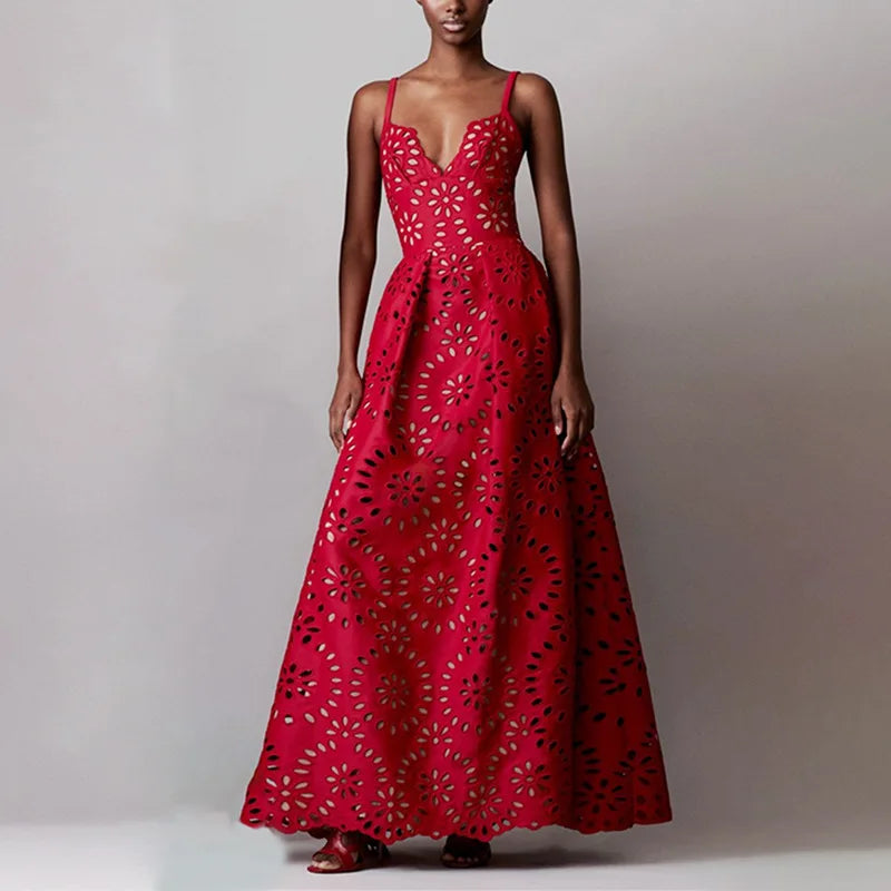 Hot Style Slim Slim Suspender Long Dress 2024 New Niche Design Embroidery Hoop Pattern Long Dress for Women