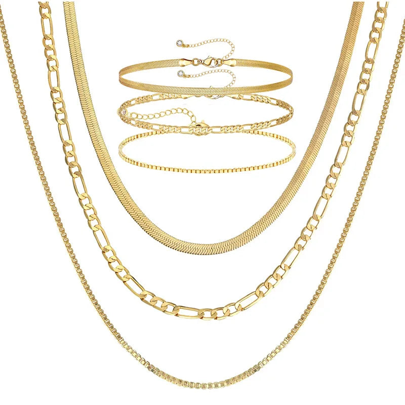 Multiple Specifications Multilayer Snake/Box Chain Necklace Bracelet Jewelry Sets Gold Plated Cubic Zirconia Necklace Bracelets