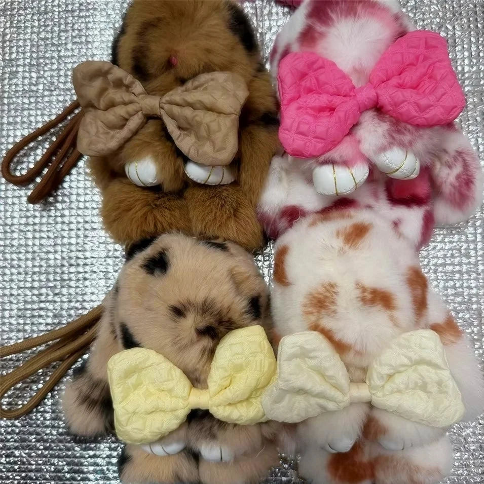 15cm Real Rex Fur Cute Rabbit Car Keychain Pendant Plush Diamond Spotted Rabbit Rainbow Bunny Bag Charms with Cute Bow