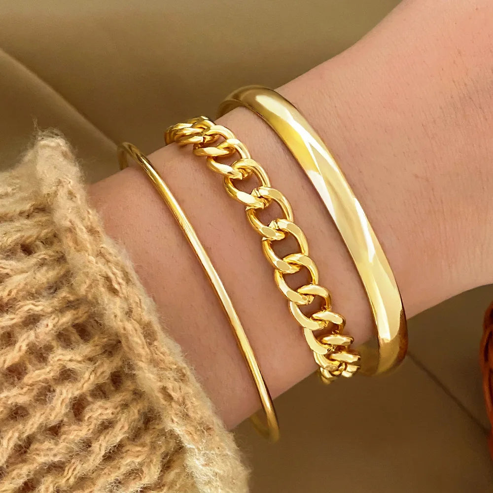 Trendy Geometric Link Chain Bracelet Set For Women 3Pcs/set Punk Women Gold Chain Link Bangle Bracelets