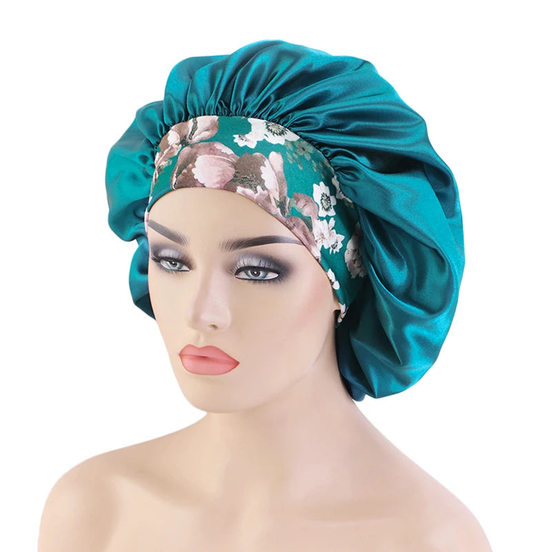 TJM-405B-1 Women Floral Print Wide Band Bonnet Satin Sleeping Cap