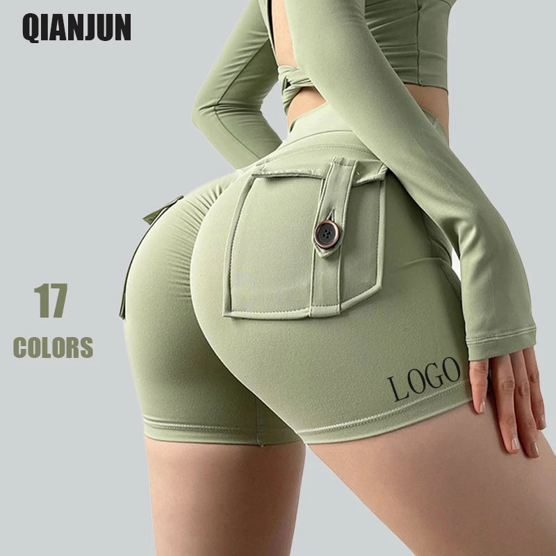 Custom Logo Naked Feeling Scrunch Butt Yoga Shorts With Button Pockets Wholesale Manufacture Women Sports Shorts