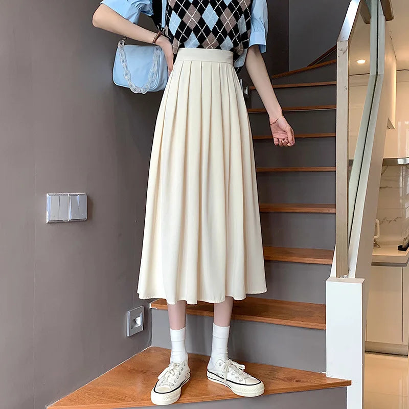 2024 Spring Mid Pleated Skirts for Women High Waist Lining Solid A-line Chiffon Skirt Summer Elastic Waist Casual Bottoms