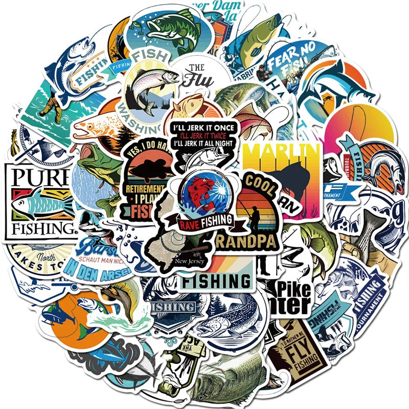 50 Pcs Waterproof Bass Fishing Vinyl Stickers PVC for Outdoor Water Sports Water Bottle Laptop Skateboard Bike Car Decorations