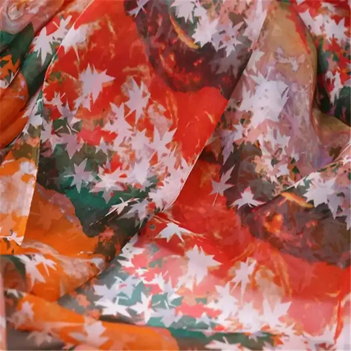 Smooth Fashion Red Maple Leaves Pattern Printed Soft Breathable 100% Natural Silk Chiffon Fabric for Girl Long Dress