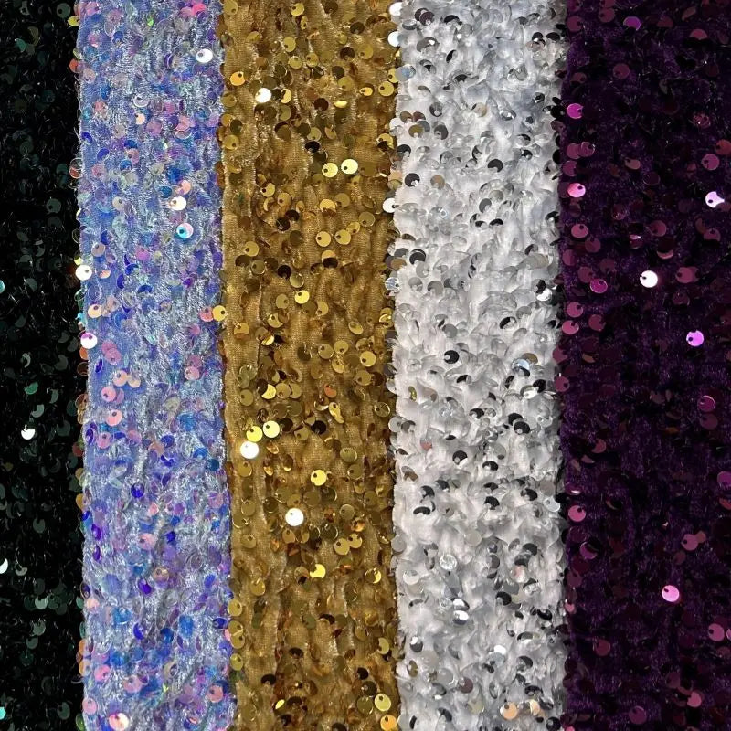 OEM ODM Embroidered Velvet Lime Green Purple Sequin Fabric Knitted Technique for Dresses Shoes Weddings Boys Girls