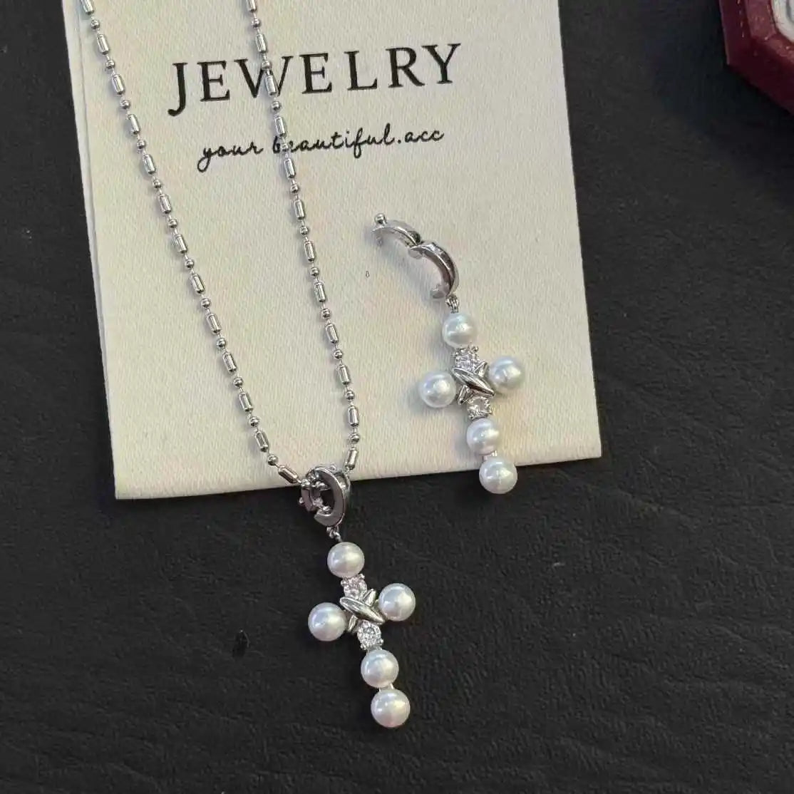 New Cross Universal Buckle AAAA Grade Platinum Plated Trendy Pendant Necklace Natural Freshwater White Bread Pearl Bean Chain