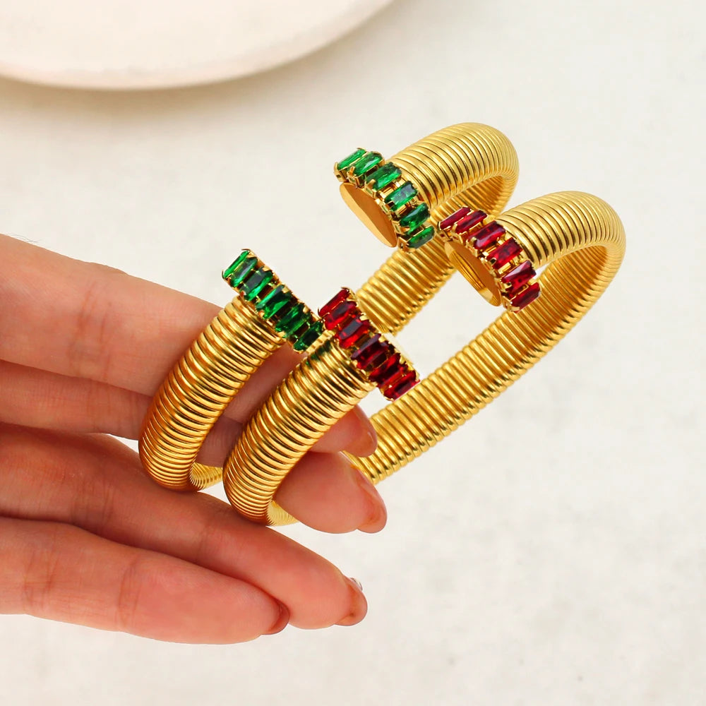 Luxury 10mm Thick Colorful Zirconia Stainless Steel Cuff Bangle Statement Textured Spiral Arm Bracelet for Men Women