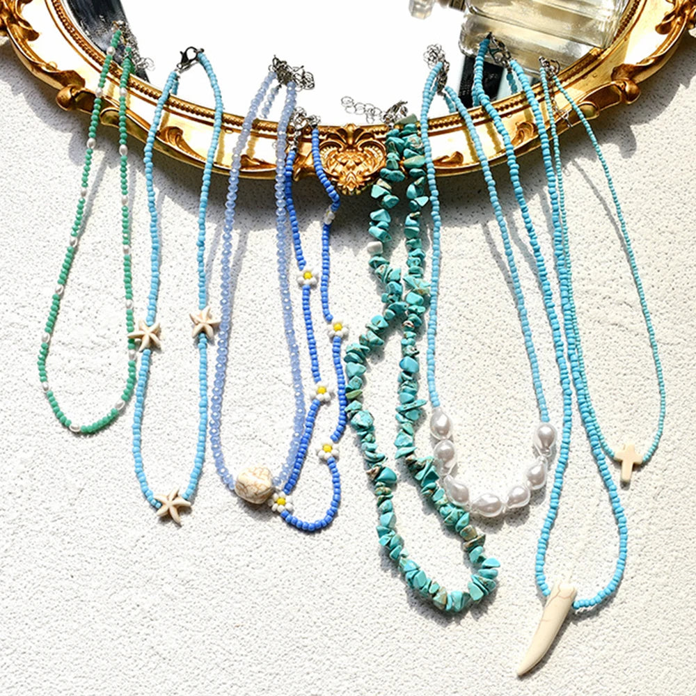 Bohemian Starfish Pearl Natural Turquoise Multi Layers Beaded Choker Blue Turquoise Crystal Pearl Beaded Flower Cross Necklace