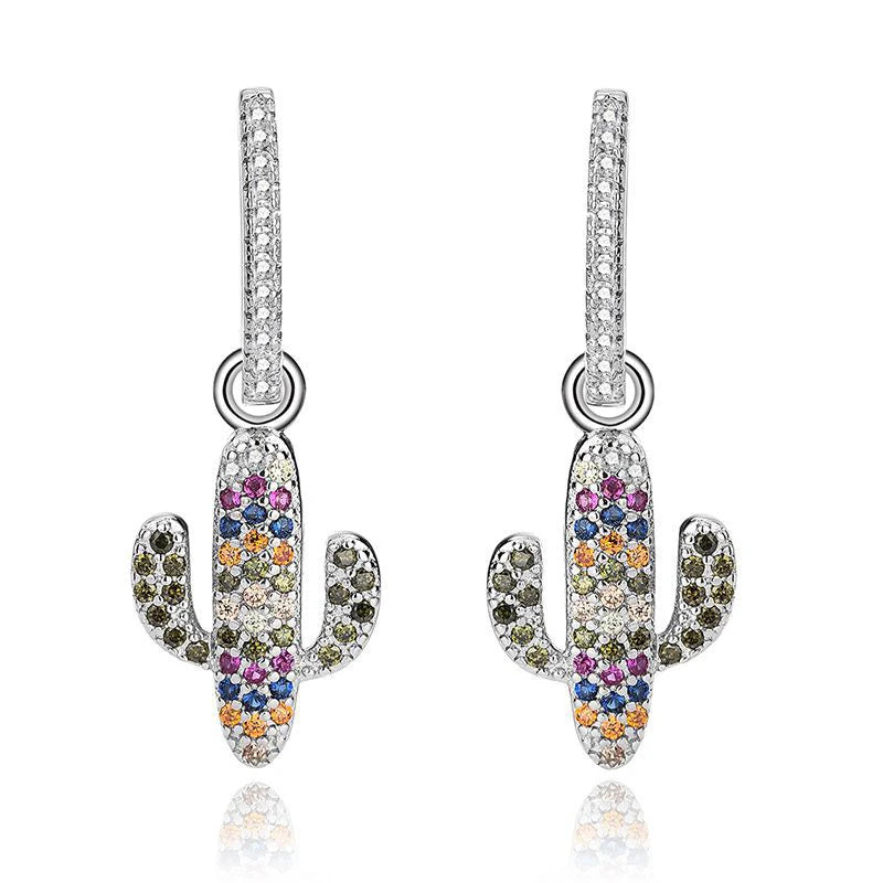 925 Sterling Silver Diamond Zircon Cactus Hoop Earrings for Women Cute Stylish Plant Design for Gifts Parties Silver Plated