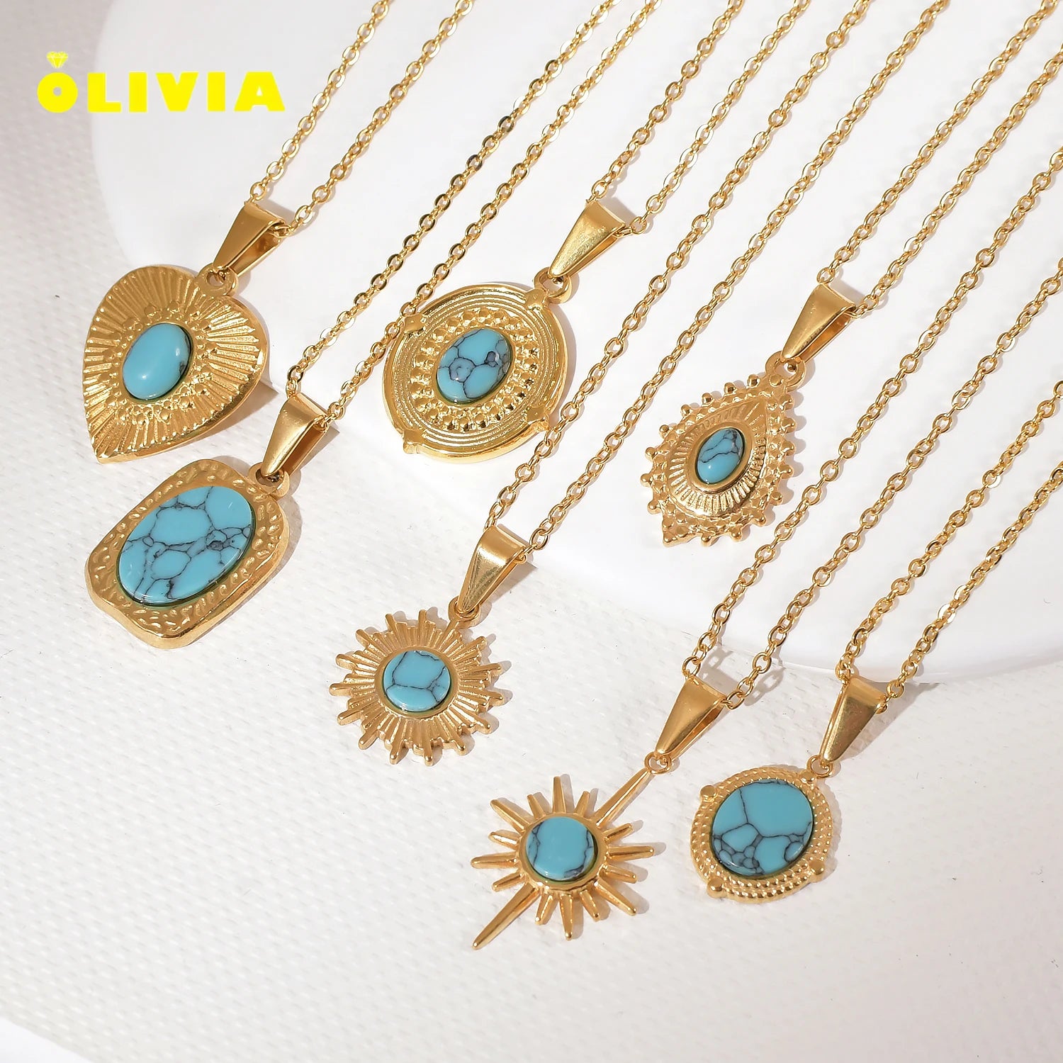 New Arrival Blue Turquoise Necklace Women Men 18k Gold Plated Stainless Steel Natural Sun Heart Stone Gemstone Pendant Necklace