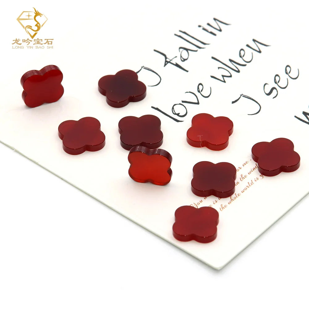 Junyuan Jewelry Natural Red Agate Red Onyx Clover Both Side Flat All Size Available Loose Gemstone Four Leaf Wholesale Supplier