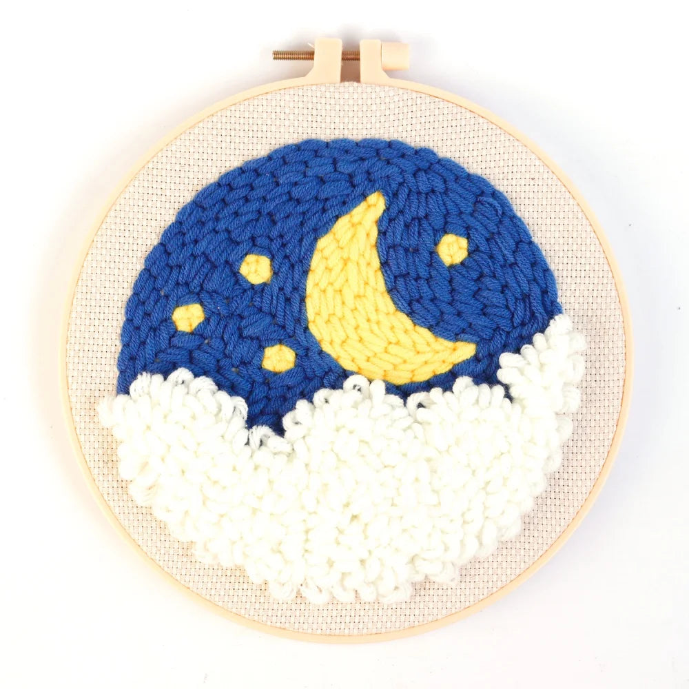 Beginner-Friendly Punch Needle Kit Moonlight Cross Stitch DIY Embroidery Craft Stamped Monk Cloth Fabric Hoop Full Needlework