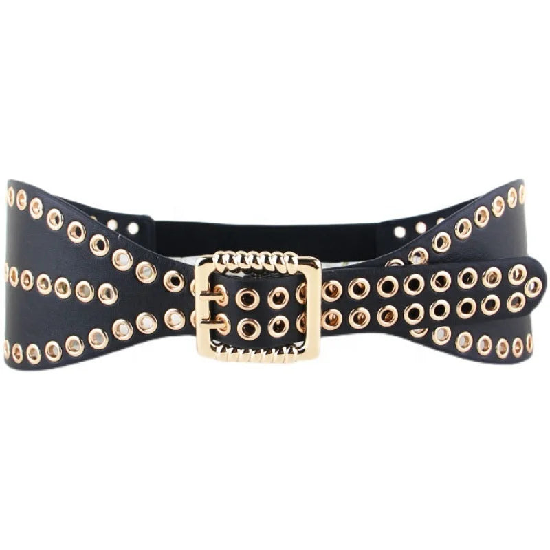 Hot Selling Punk Style Metal Holes Rivet and Golden Eyelets Elastic Decorative Waistband PU Leather Belt for Ladies