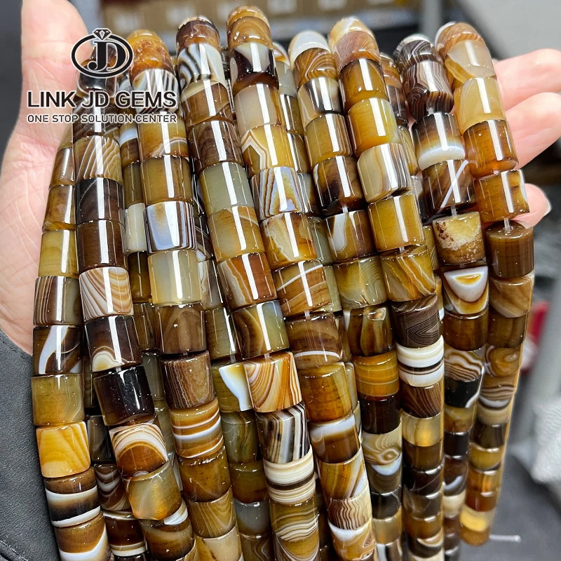 JD Wholesale 12x12mm Cylindrical Shape Natural Stone Beads Coffee Black Stripe Agate Round Loose Beads for Jewelry Making