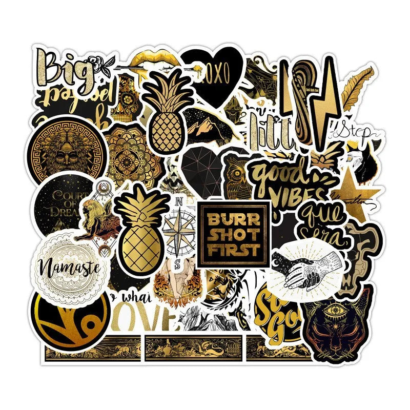 50PCS Jibaro black and golden brand logo totem compass vintage laser holographic metallic stickers