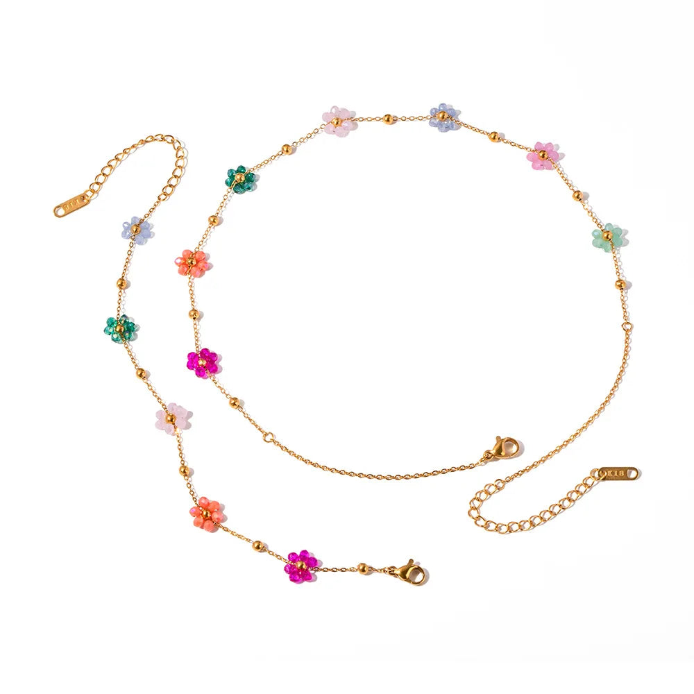 Designer 18K Gold PVD Plated Colorful Stainless Steel Flower Bead Necklace
