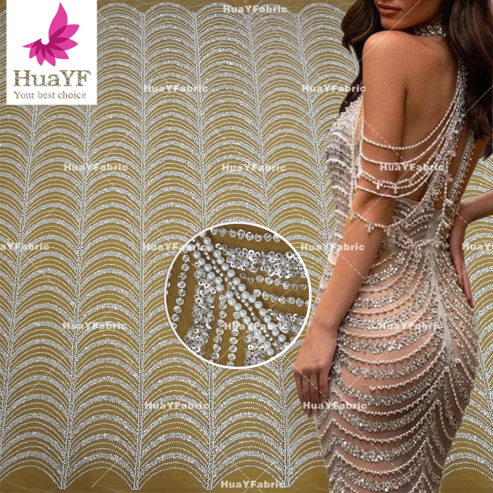 HY2545 Top Shining 3d Heavy Silver White Beaded Lace Fabric With Sequins for Chantilly Bridal Wedding Dress