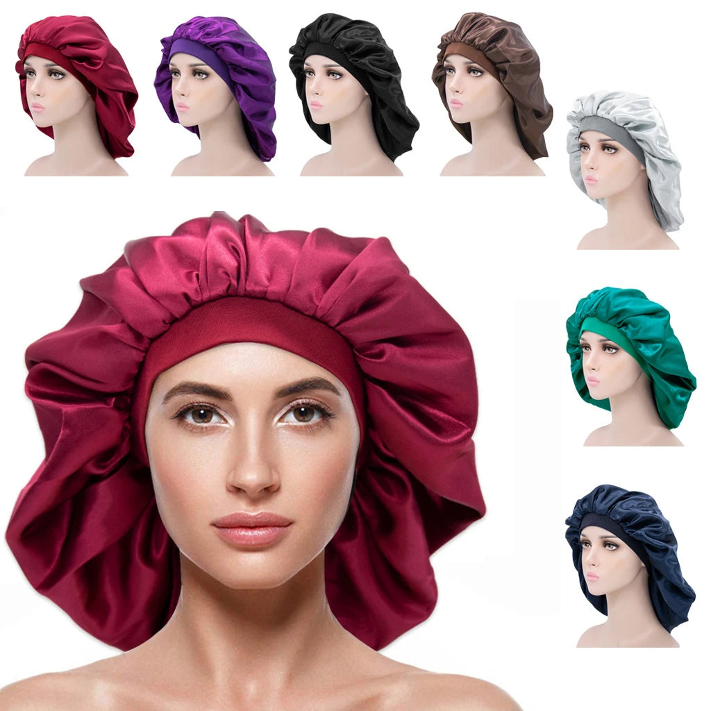 Custom Logo Extra Large Size Women Satin Bonnet with Elastic Band Adjustable Sleep Cap Silk Feeling Shower Cap Hair Scarf Wrap