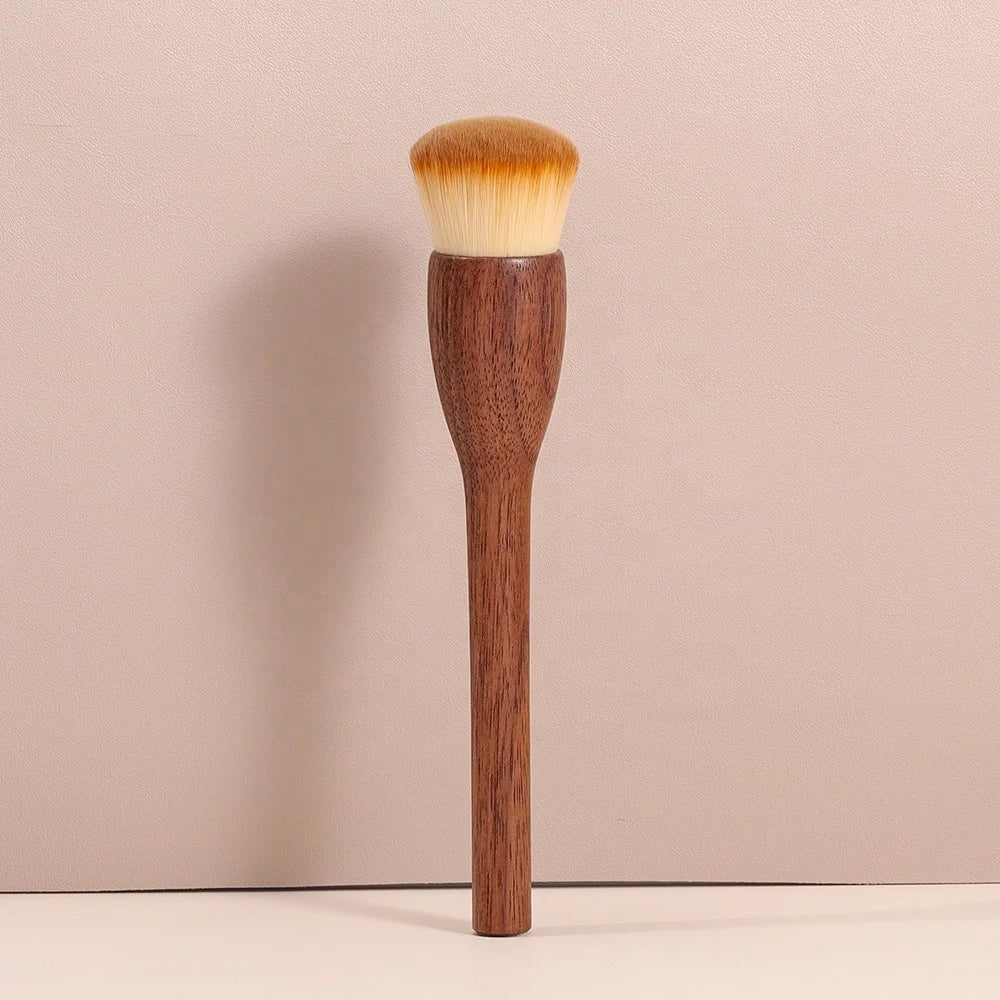 2024 Hot Sale Solid Wood Handle Makeup Brush Walnut Synthetic Hair Rouge Brush Foundation Brush  Single Kabuki Brush