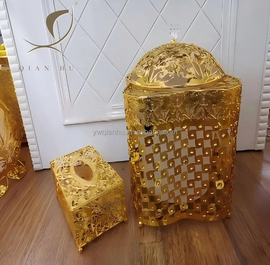 2026 New Arrived QIAN HU Luxury  Metal Multi-Purpose Tissue & Trash Can Organizer Portable Home Decor