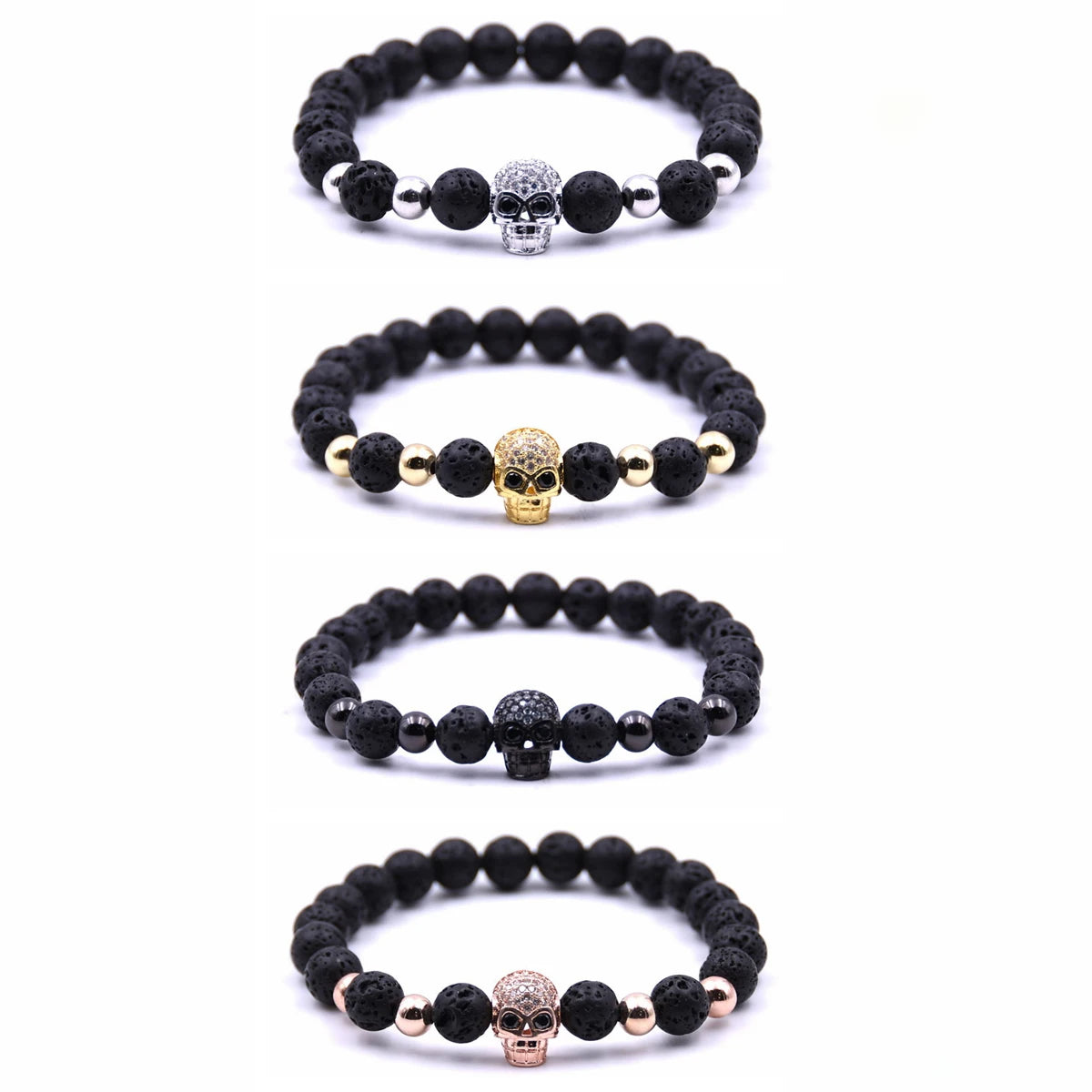 Fashion Crystal 8mm Beads Natural Stone Ball Elastic Matte Lava Stone Black Beads Skull Bracelet