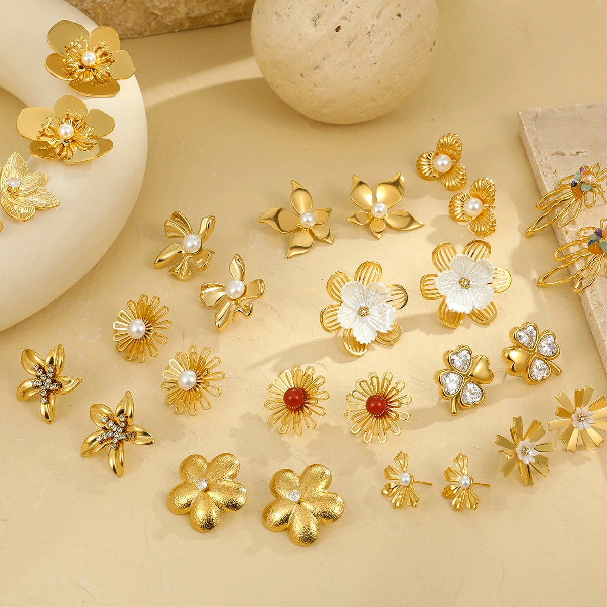 NIMAI Jewelry 18k Stainless Steel Costume Jewelry Wholesale Flower Stud Earrings Women Pearl Floral Earrings
