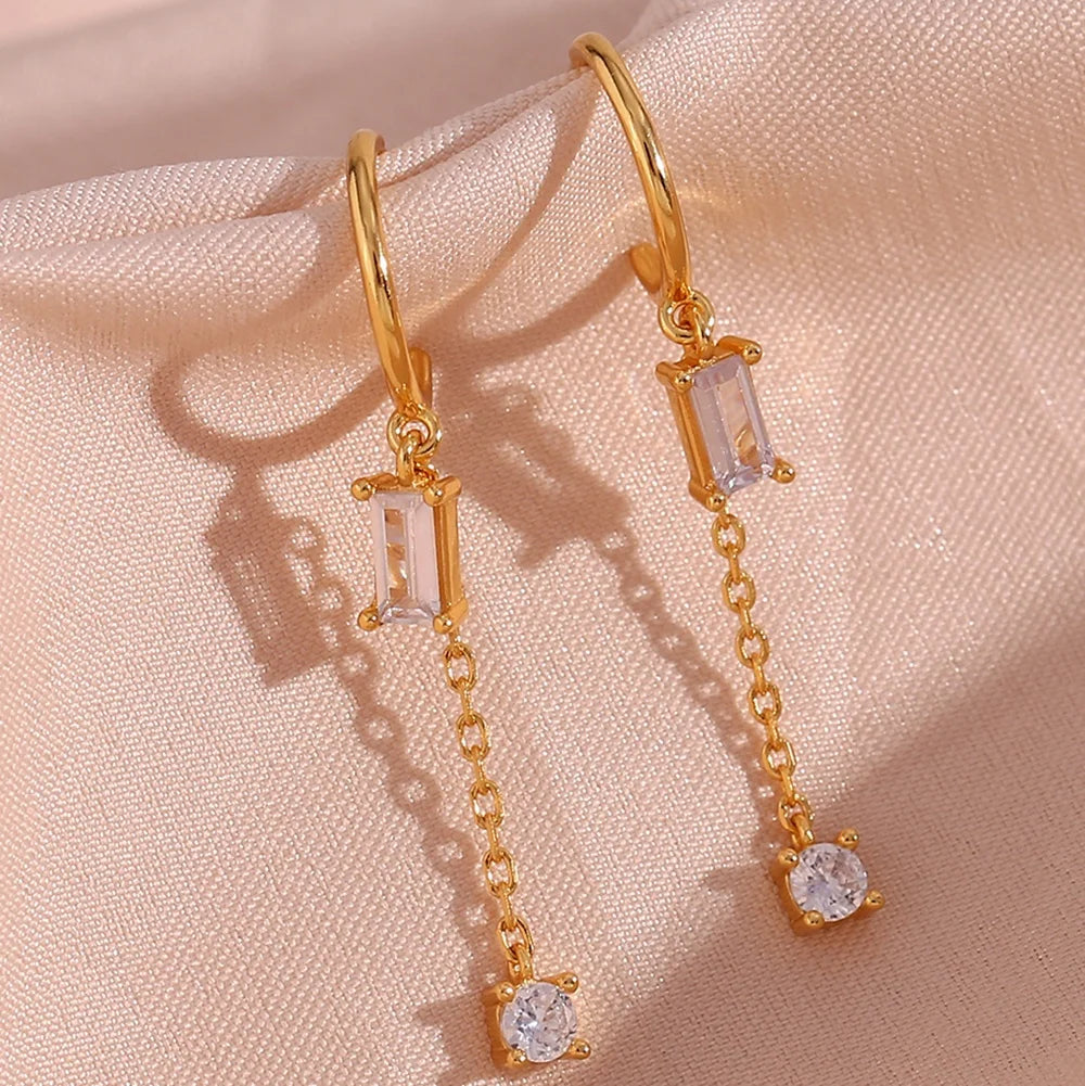 14k Gold Plated Square Zircon Tassel Earring 925 Sterling Silver Chain Earring Fashion Jewelry 2023