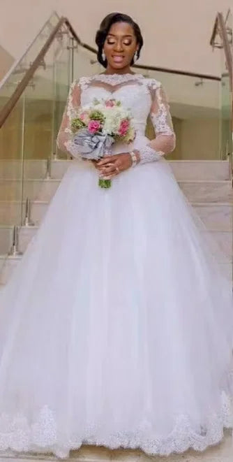 Hot Sale Vintage Lace Beaded Sheer Neck  Bridal Dresses Long Tail Cheap Long Sleeve Wedding Gowns MW24