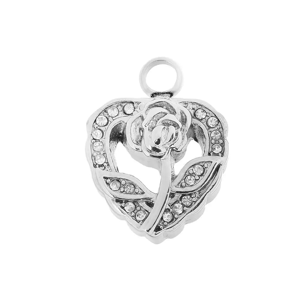 Crystal Rose Heart Religious Cremation Pendant Urn Memorial Ash Locket Stainless Steel Silver Plated Heart Shape Keepsake Holder
