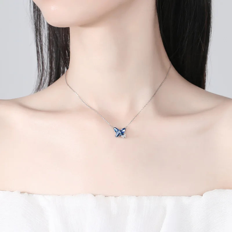 Rainbowking Necklace Female Butterfly Choker Crystal Pendant Metal Sweater Chain Niche Collarbone Chain S925 Sterling Silver