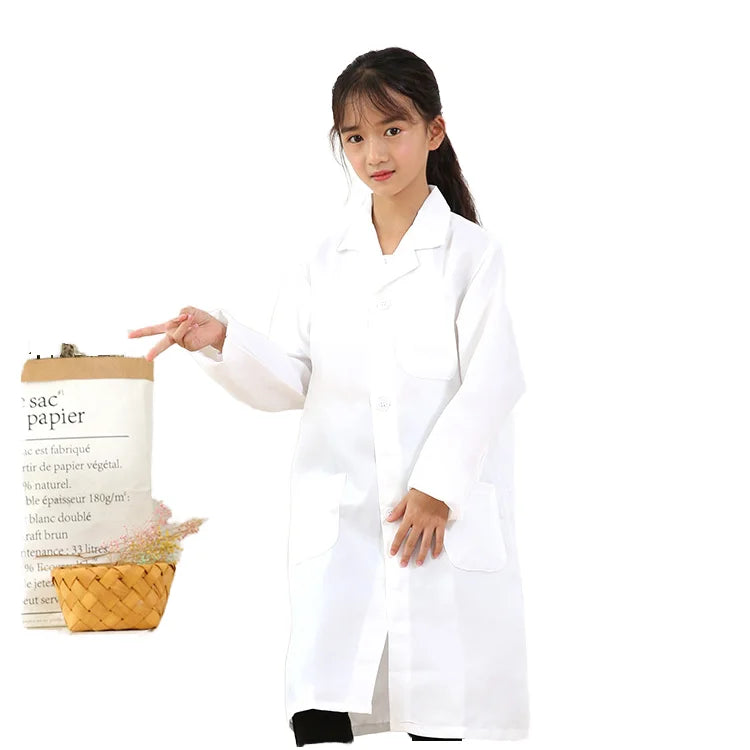 OEM Custom Logo White Lab Coat Uniform Unisex Long Sleeve Jacket Boys Girls Children Student Scientist Role Play Costume Dress
