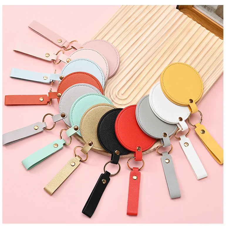 YY PU Leather Round Compact Mirror Compact Pocket Mirror Key Chain Mirror Cosmetic Holder