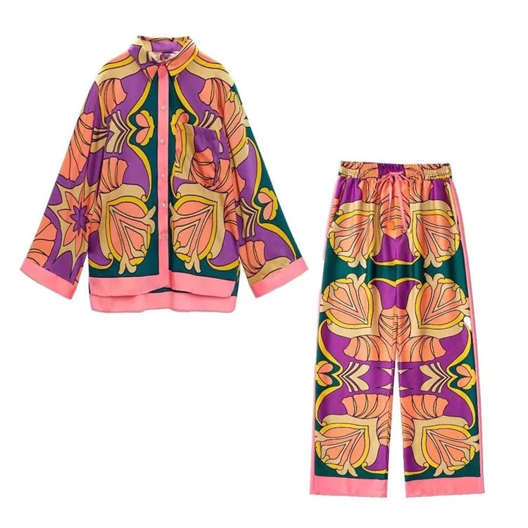 Women Summer Sets Two Piece 2022 New Pocket Decoration Printed Shirt Trousers Set