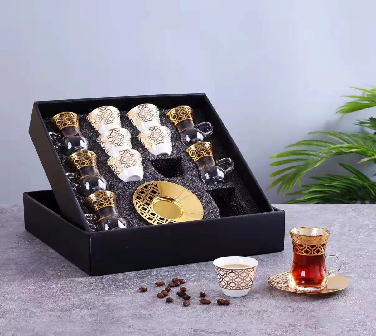 QIAN HU Classic Gold Plated High White Glass Coffee Cups Saucers Tea Set Customized Logo Afternoon Tea Wedding Home Use